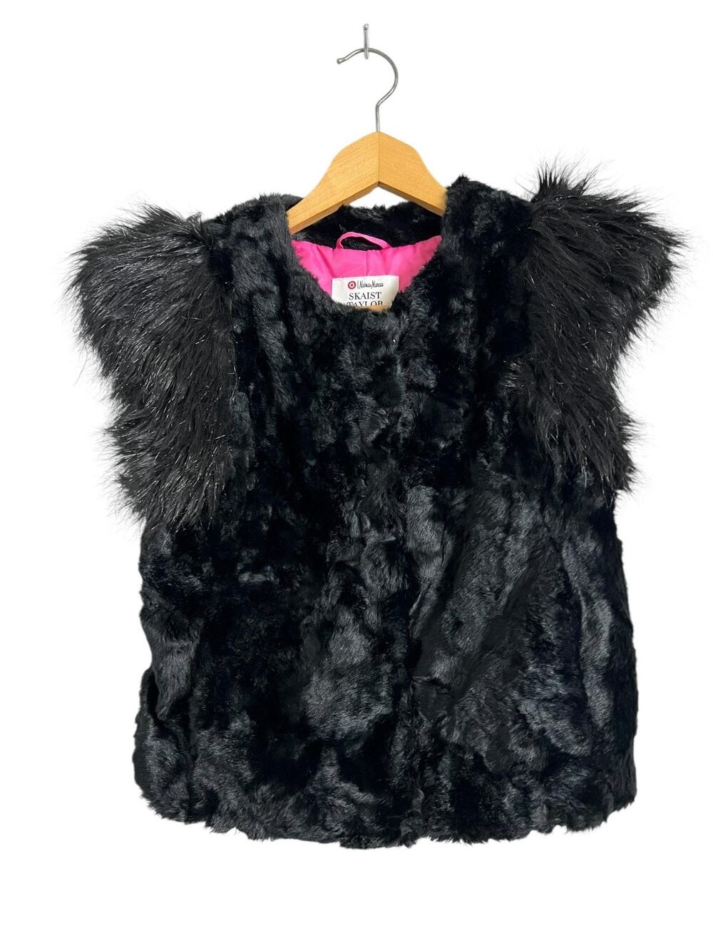 Skaist Taylor Faux Fur Vest Womens XS Black Feather Trim Neiman Marcus Target